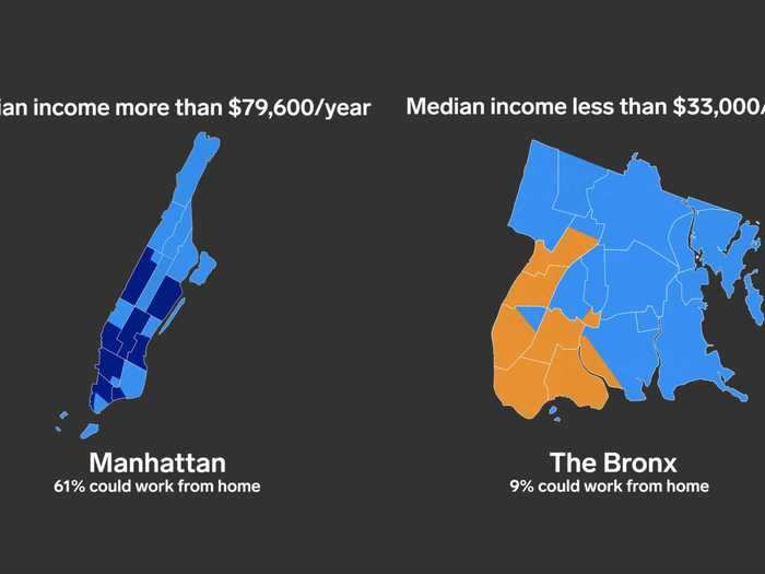 On average, only 9% of Americans who make less than $33,000 a year — the orange-shaded neighborhoods in the Bronx — are able to work from home.