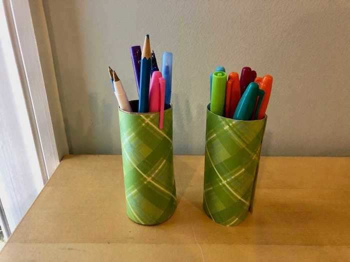 Instead of throwing out the cardboard roll in the center of your toilet paper and paper towels, try reusing it as a pencil holder on your desk.