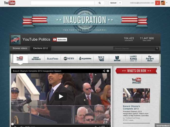 August 2012: YouTube becomes the go-to place for presidential elections by launching the "YouTube Elections Hub." In addition to streaming the live speeches from the Republican and Democratic national conventions, the platform features content from eight news outlets, including YouTube-bred commentator Philip DeFranco.