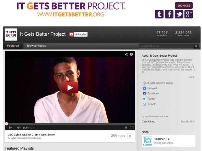 October 2010: Columnist and activist Dan Savage uses YouTube to launch the "It Gets Better" campaign on YouTube to send messages of hope to LGBTQ teenagers who feel bullied or ostracized because of their sexuality. The campaign ends up going viral, and even President Barack Obama participates.