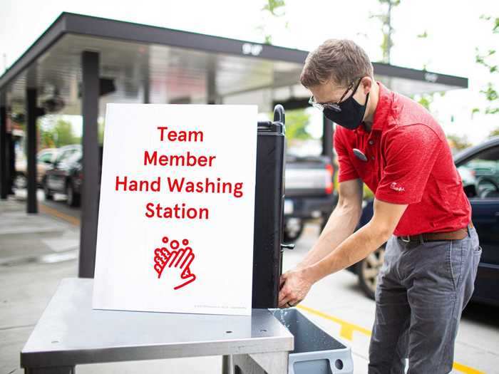 Employees can now wash their hands at new outdoor handwashing stations.