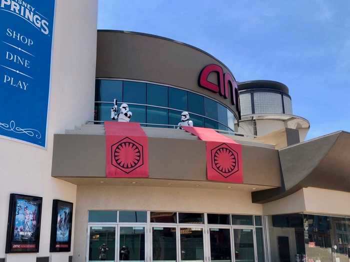 The entertainment parts of the complex, such as bowling, Cirque Du Soleil, and the movie theaters, were still closed. But we did get to witness a few storm troopers going about their business for the First Order on a ledge.