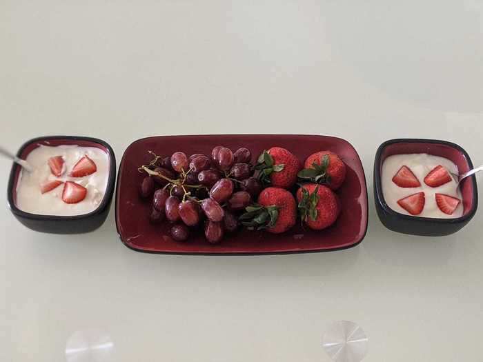 Half an hour later, they brush their teeth, shower, and make a healthy breakfast of Greek yogurt, grapes, and organic strawberries.