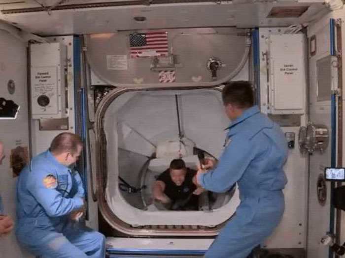 After a roughly two-hour hatch-opening procedure, Bob Behnken and Doug Hurley entered the ISS.