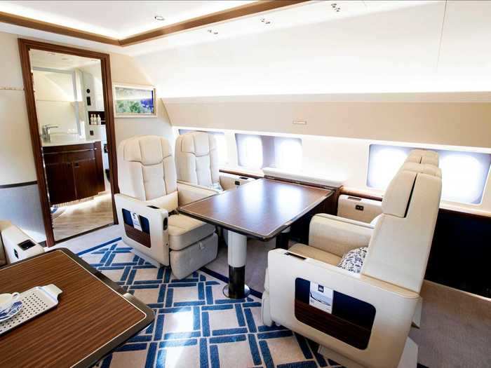 This is the primary workspace for traveling officials and also the most private section of the aircraft due to its position in the front of the aircraft and because it only offers six seats.