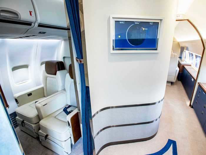 On the other side are crew rest accommodations, with two lie-flat seats for when additional pilots are required on longer journeys.