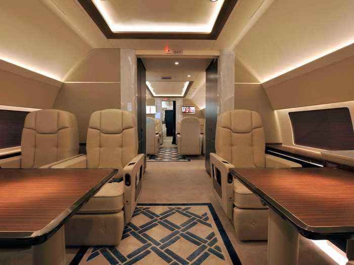 The aircraft only consists of three passenger areas: two forward conference/dining areas used as offices by the government officials on board and one passenger seating area in the back of the plane.