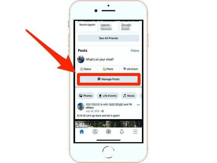 Go to your profile page, and scroll down to where you would create a new post. Click the button that says "Manage Posts."