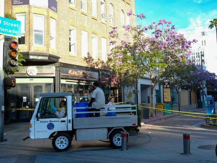 By 6:30 a.m., the official City of Santa Monica sanitation crews arrived on the Promenade to assist in cleanup efforts.