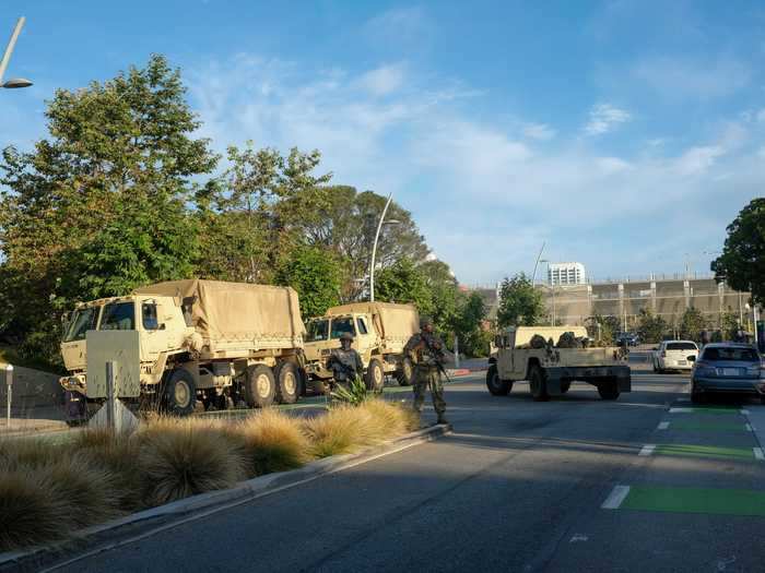 The National Guard posted up in the middle of the intersection, just before the Santa Monica Promenade in front of the courthouse, with heavily armored trucks.