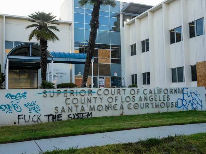 The Santa Monica courthouse was tagged with anti-police graffiti. Several windows were smashed.