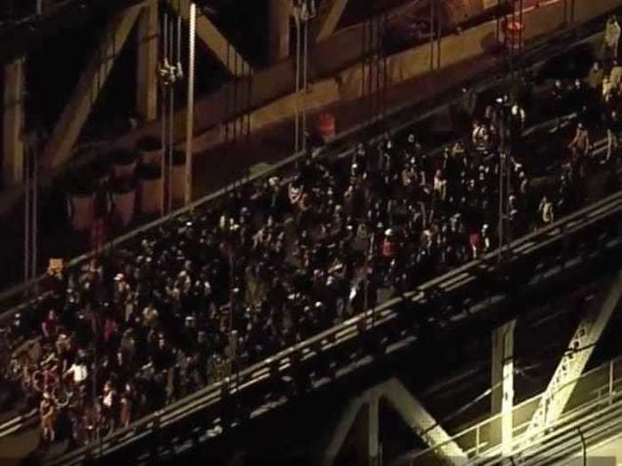 In New York City, hundreds of protesters tried to cross the Manhattan Bridge and faced a standoff with police. After roughly two hours, protesters headed back towards Brooklyn without incident.