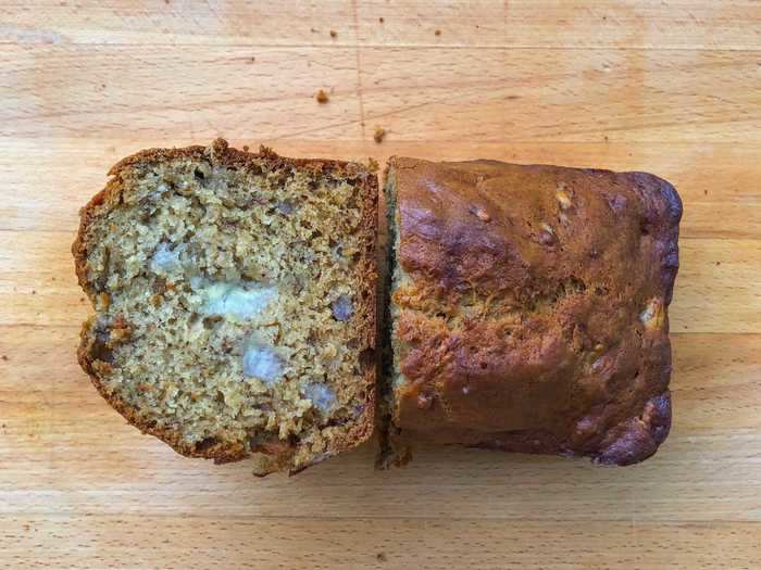 Most banana-bread recipes call for ripe bananas. I tried using an unripe, bright-yellow banana and it was surprisingly good.