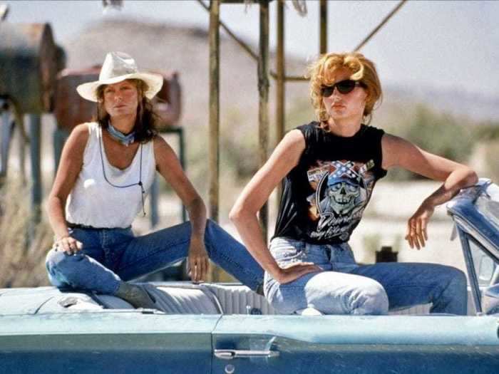 Thelma and Louise, played by Geena Davis and Susan Sarandon, embark on a wild road trip together as they attempt to outrun the police.