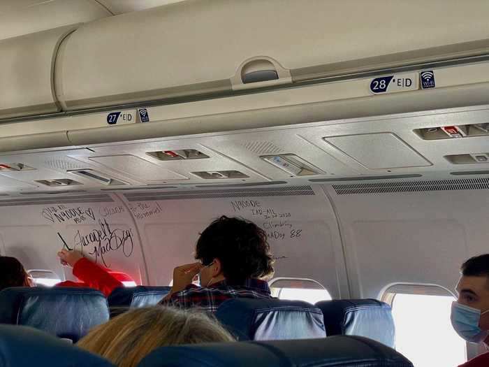 Most passengers were enthusiasts eager to be on the last flight and left notes in permanent marker across the aircraft, as is tradition.