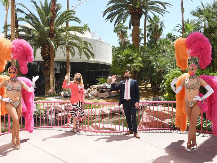 Photos from reopening day offer a glimpse of what casino-goers can expect the next time they make a stop in Vegas. Showgirls at the Flamingo Las Vegas haven