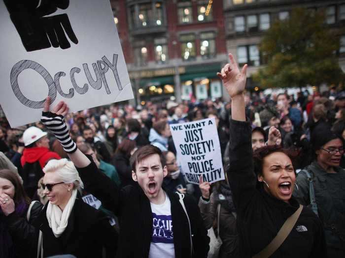 The Occupy Wall Street movement, which began in 2011, fought social and economic inequality worldwide, with emphasis on the influence corporations hold over the US government. The grassroots effort coined the rallying cry, "We are the 99%."