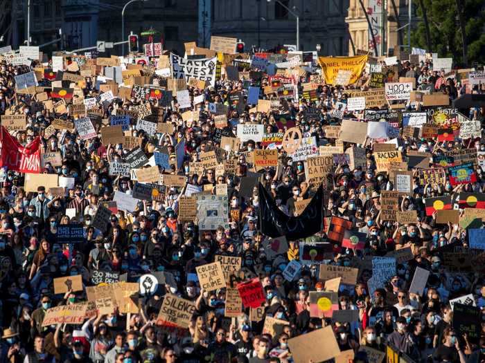 People gathered across Australia in Brisbane, Melbourne, and Sydney, to protest systemic racism and Aboriginal deaths in police custody, the New York Times reported on June 6. "Australia is not innocent," some shouted.