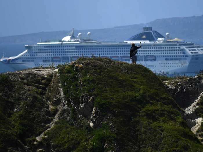 This P&O cruises liner has been moored off the coast of Dorset, southern England, since April.