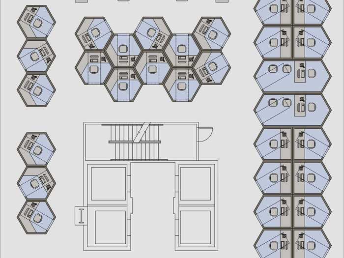 Hexagonal pods are arranged in a hive shape that can accommodate different office layouts.