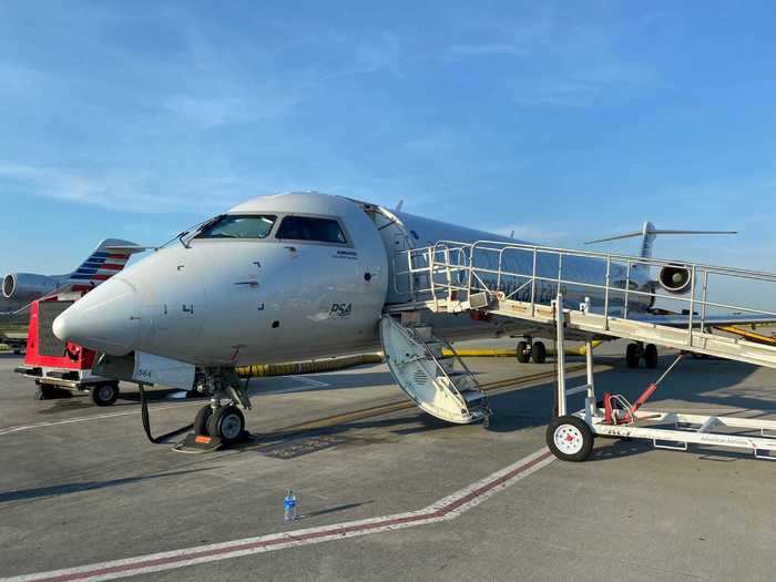 This was our aircraft for the one-hour flight to Charlotte, a Bombardier CRJ 900 regional jet.