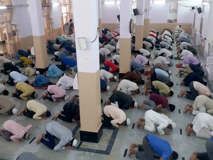 In Hyderabad, people offered “namaz” while practising social distancing at a mosque.