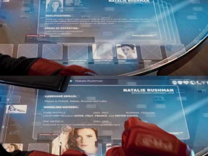 Bonus: When Tony Stark first met Natasha as "Natalie Rushman," he conducted a quick search of her. Her qualifications hinted at her Black Widow reveal before it occurred on screen.