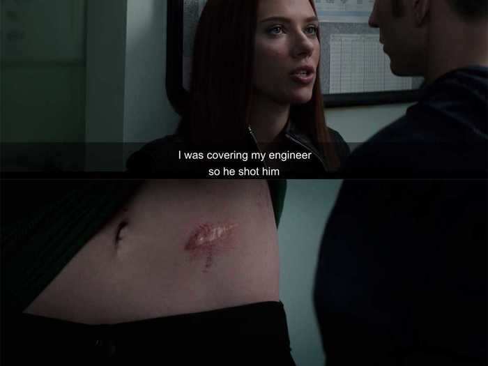 Natasha has a scar from getting shot with a Soviet bullet.