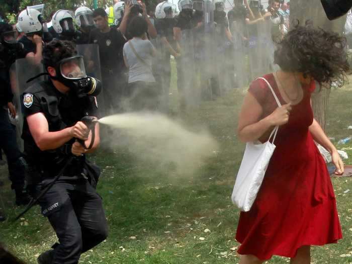 Ceyda Sungur became known as the "Lady in Red" after she was photographed being sprayed with tear gas at an anti-government protest in Turkey.