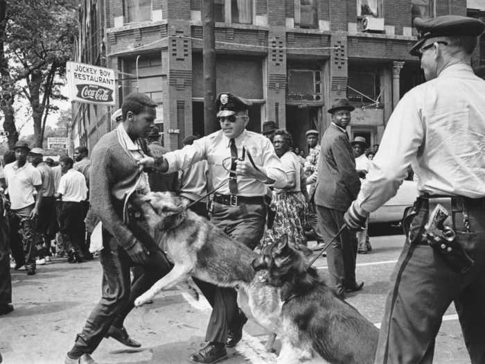 This photo of a black high school student being attacked by police dogs at a civil rights demonstration made the front page of the New York Times in 1963.