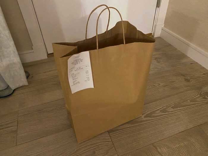 Later that evening, we ordered room service from the restaurant, Scarpetta, which came within about 20 minutes. There was a knock at the door, and I opened it to find a paper bag sitting on the ground.