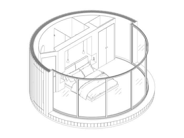 The glass windows extend 180 degrees around the round structure.