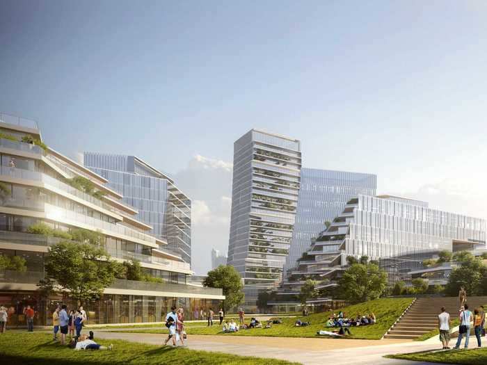 New corporate offices will be the center of the project, surrounded by living quarters, schools, retail spaces, and other amenities that suit a work-life balance for Tencent employees.