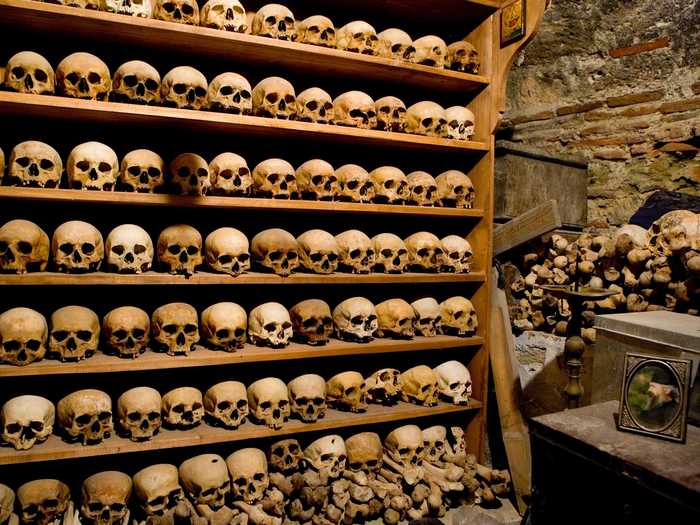 The Great Meteoron Monastery also houses an ossuary filled with the skulls of monks who once lived at the monastery.