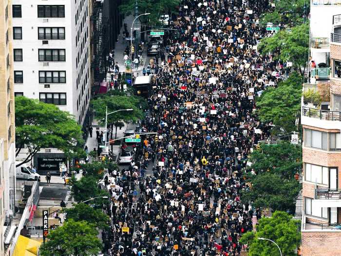 In New York City, a huge crowd of protesters was captured marching down Third Avenue on June 2.