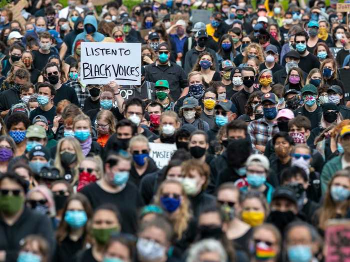 In Portland, Maine, protesters are seen peacefully marching to demand an end to police brutality on June 3.