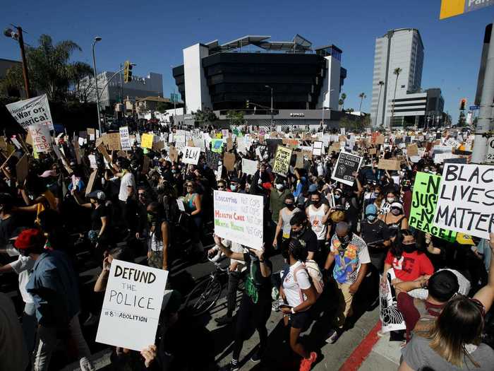 In Los Angeles, an estimated 20,000 people gathered to protest and march on June 7 near Hollywood.