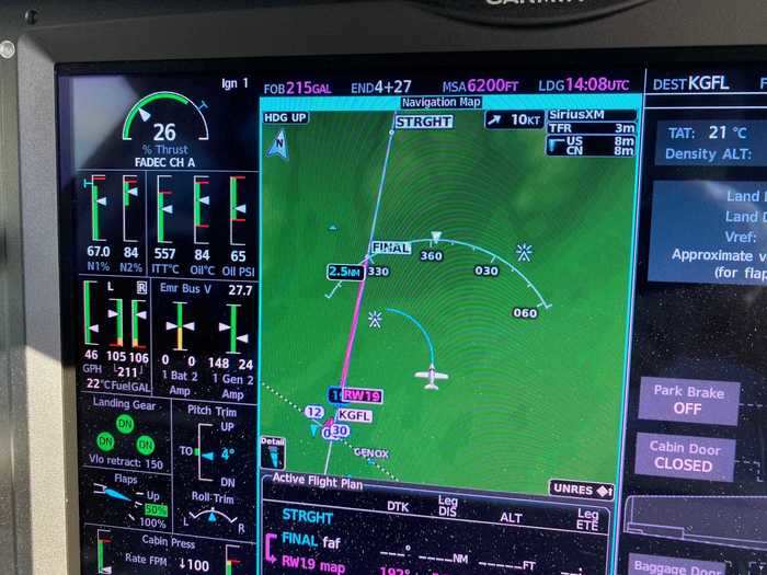 The slow speeds the Vision Jet is capable of meant we could make a close-in approach, about two miles from the runway. Whenever Sean turned the plane, a blue curved line would show the new direction of flight.