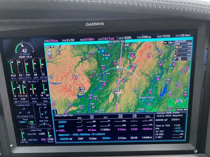 The display screens showed our elapsed flying time, estimated time to the destination, and how much fuel we were burning per hour. For this flight, it was around 90 gallons per hour with the Vision Jet holding just under 300 gallons.