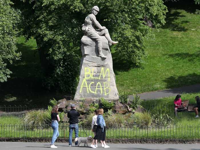 Statues across Europe have also been defaced and reclaimed with messages for the Black Lives Matter movement. In Glasgow, Scotland, a memorial to commemorate the Boer War — in which the British invaded South Africa — was defaced with "BLM" and anti-cop sentiments.