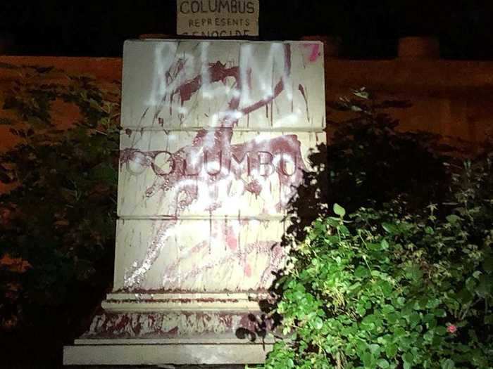 After the statue was completely pulled down, the base of the monument could be seen with the initials for Black Lives Matter written on it.