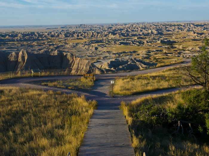 Highway 240 in South Dakota leads to Badlands National Park.