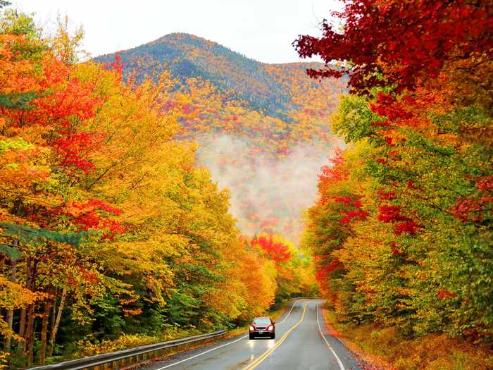 The Kancamagus Highway in New Hampshire cuts through White Mountain National Forest.