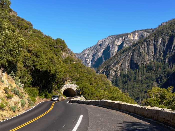 Big Oak Flat Road goes through Yosemite National Park in California.