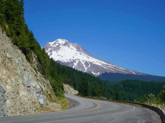 The Mount Hood Highway leads to stunning views of Mount Hood in Oregon.