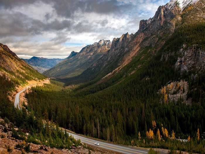 North Cascades Highway in Washington runs along the Cascade Mountain Range.