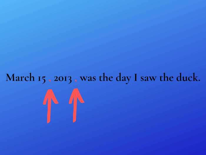 8. Use a comma to separate the elements in a full date (weekday, month and day, and year). Also separate a combination of those elements from the rest of the sentence with commas.