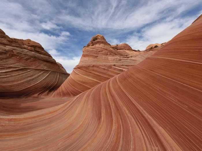 The Wave in Coyote Buttes North, Arizona, was formed by water drainage and wind erosion in the sandstone.