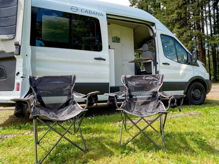 But for outdoor lounging, the vans come with camp chairs that can be used with pop-up tents that come with certain builds.