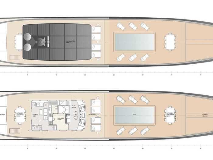 The upper deck’s bow holds the yacht’s long pool and outdoor dining area, and the stern provides access to the gym and spa through an electric door.